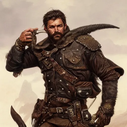 Image similar to portrait of a rugged ranger, coherent hands, handsome, muscular, full body, leather, hairy, d & d, fantasy, intricate, elegant, highly detailed, digital painting, artstation, concept art, smooth, sharp focus, illustration, art by artgerm and greg rutkowski and alphonse mucha