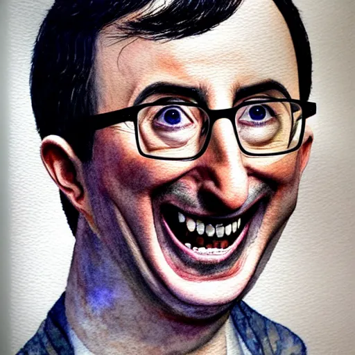 Prompt: John Oliver, manically laughing, insanity in his eyes, watercolor, hyper detailed, hyper realistic, by Leonardo Da Vinci, portrait, cloese-up, by Ed Emshwille.