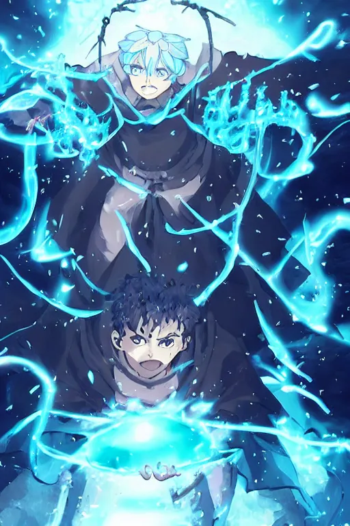 Prompt: cover art of mage summoning a ice golem, ufotable anime style, epic background