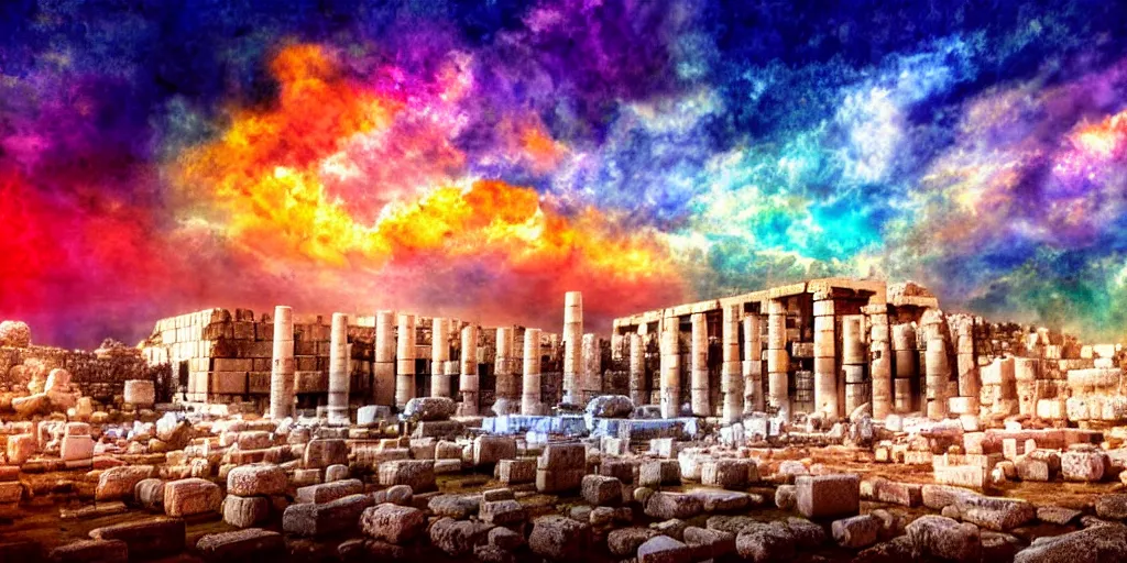 Prompt: spiritual chakra energies in the huge ruins of the second temple in jerusalem, dreamy sky, the third temple hovers quietly hiding in the sky above, very colorful painting 8 k trending on art station, intricate superb details, digital art, cinematic lighting, volumetric lighting, photographic, blur bokeh defocus dof sky by afremov, award winning masterpiece.