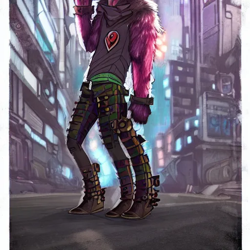 Image similar to beautiful furry art portrait commission of a furry anthro wolf fursona wearing punk clothes in the streets of a cyberpunk city. character design by rick griffin, miles df