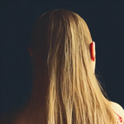 Prompt: “Detailed photo of a white, adolescent girl as seen from the side from the shoulders up. The girl has shoulder-length straight blonde hair and blue eyes. She is looking down slightly with a slight frown. Eyebrows slightly creased in thought. Black background. Brooding. 4K.”