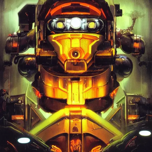 Image similar to a dark and colorful close - up of a sci - fi mecha tiger robot with led lights glowing fog in the background. highly detailed science fiction painting by norman rockwell, frank frazetta, and syd mead. rich colors, high contrast, gloomy atmosphere, dark background. trending on artstation