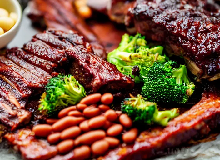 Image similar to dslr food photograph of a rack of ribs with a side of broccoli and baked beans of candy, 8 5 mm f 1. 8