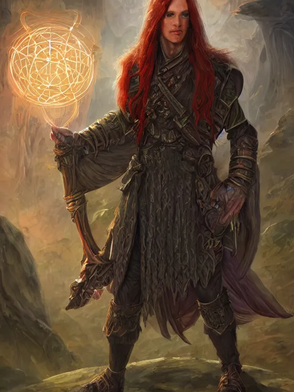 Prompt: a dnd holomancer, male, technological longcoat, detailed face, long red hair, white skin, holographic creatures, lab background, high fantasy, science fiction, highly detailed, sharp focus, smooth, digital illustration, by clyde caldwell