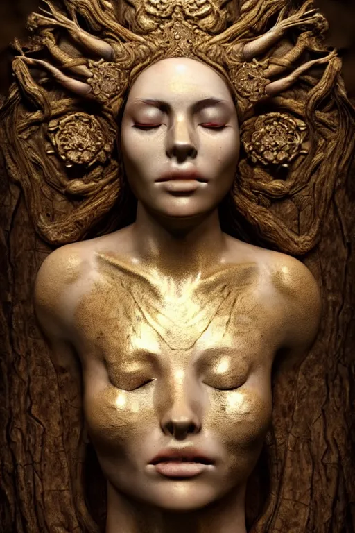 Prompt: a photorealistic portrait of a goddess, floating in the middle of a ancient wood, ((Gold fluid simulation in the background), perfectly proportioned face, perfect eyes, intricate, elegant,ultra super good realistic 3D render by Pete Morbacher and Emil Melmoth, insanely detailed, trending on artstation