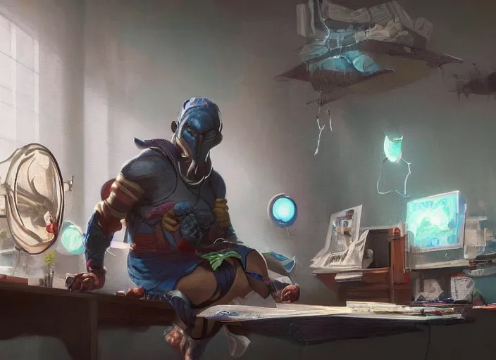 Prompt: an insanely detailed painting of an asian man wearing a homemade superhero costume, sitting at a desk, staring seriously at the computer and typing, in the style of peter mohrbacher, james jean, rutkowski, dramatic lighting and composition, surreal background, octane render, pixar, trending on artstation, concept art, comic book, view from behind, 8 k