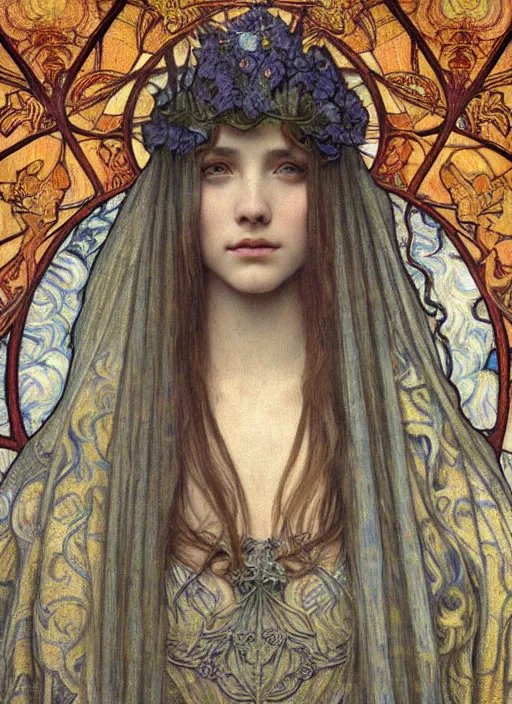 Image similar to detailed realistic beautiful young medieval queen face portrait by jean delville, alphonse mucha, vincent van gogh, and marco mazzoni, art nouveau, symbolist, visionary, gothic, pre - raphaelite