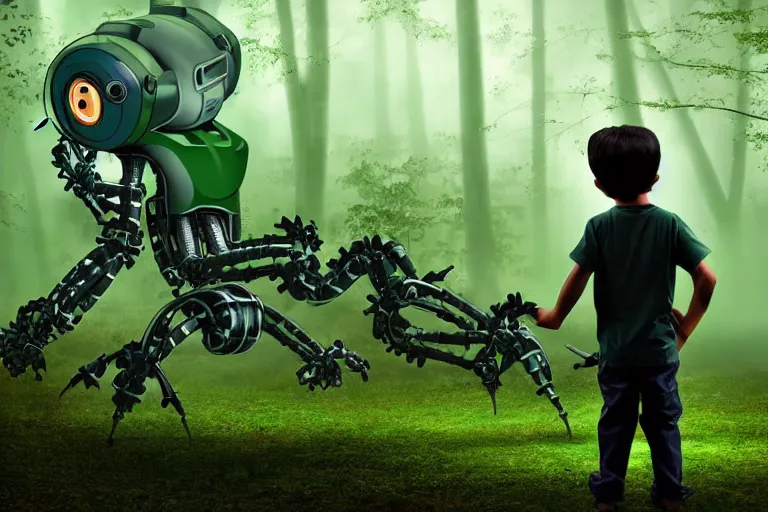 Prompt: A small boy discovers a large mechanical robot with green eyes in the misty forest