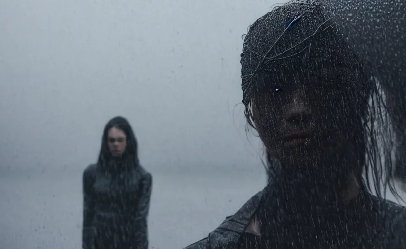 Image similar to cinestill 5 0 d candid photographic portrait by christopher nolan of two loving female androids wearing rugged black mesh techwear in treacherous waters, extreme closeup, modern cyberpunk moody emotional cinematic, pouring rain full moon, 8 k, hd, high resolution, 3 5 mm, f / 3 2, ultra realistic faces, ex machina