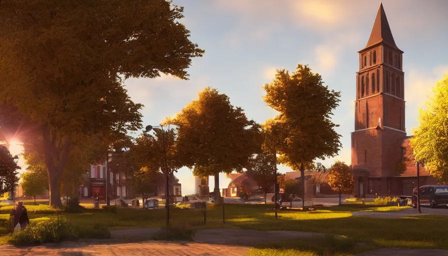 Image similar to small midwest town, square, trees, church, sunny day, volumetric light, realistic, hyperdetailed, artstation, cgsociety, 8 k