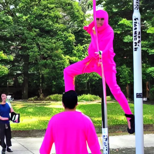 Prompt: a ninja with sword standing on a pole in neon pink clothes