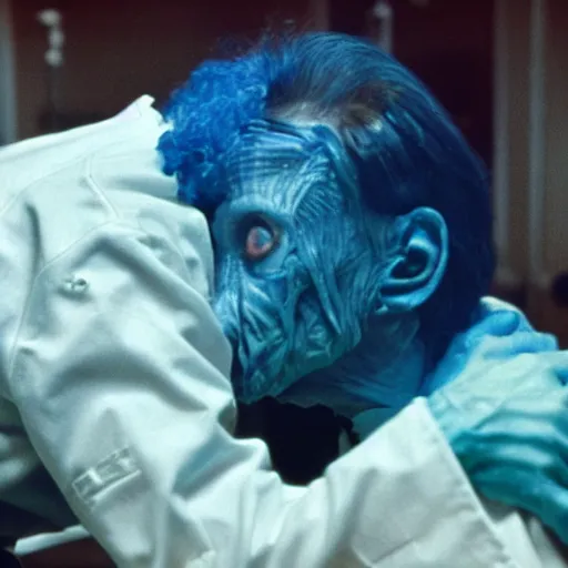 Image similar to a hyper detailed filmic closeup 30mm color film photograph of a bundle of dangerous gorey shape shifting alien tendrils strangling and smothering a male 70-year-old doctor wearing a blue lab coat under dreary fluorescent lights in the style of a horror film still