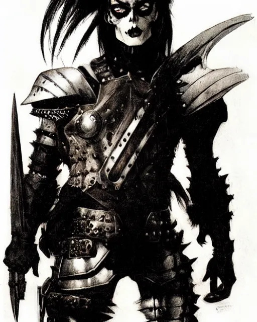 Prompt: portrait of a skinny punk goth john cho wearing armor by simon bisley, john blance, frank frazetta, fantasy, thief warrior