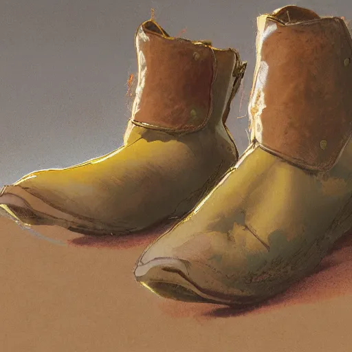 Image similar to a concept art of a well used brown leather boots for walking in the mountain, by Craig mullins, Steve Purcell, Ralph McQuarrie