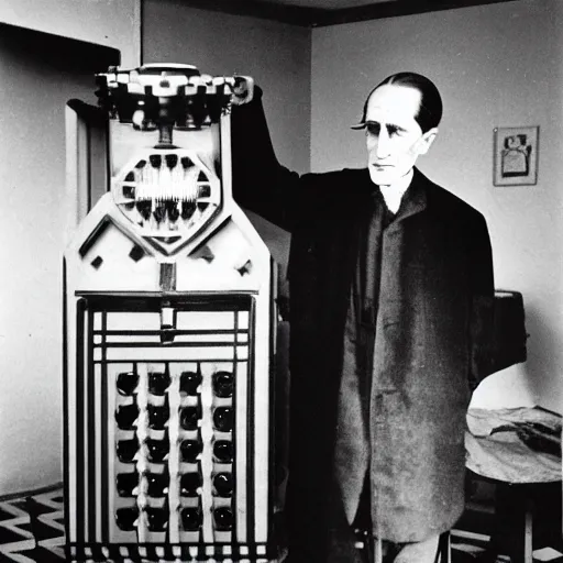 Image similar to underexposed photo of Marcel Duchamp in a room with an ancient chess machine, tri-x, archival pigment print in the style of Hito Steyerl, contemporary art