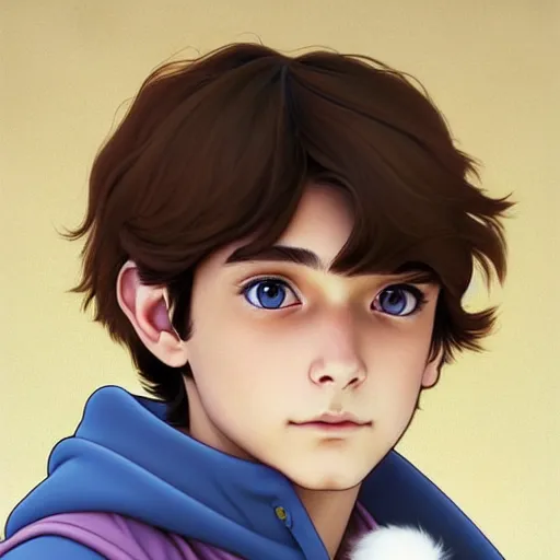 Prompt: teen boy with brown hair and big blue eyes, wearing a hoodie, holding a fluffy white persian cat, natural lighting, path traced, highly detailed, high quality, digital painting, by don bluth and ross tran and studio ghibli and alphonse mucha, artgerm