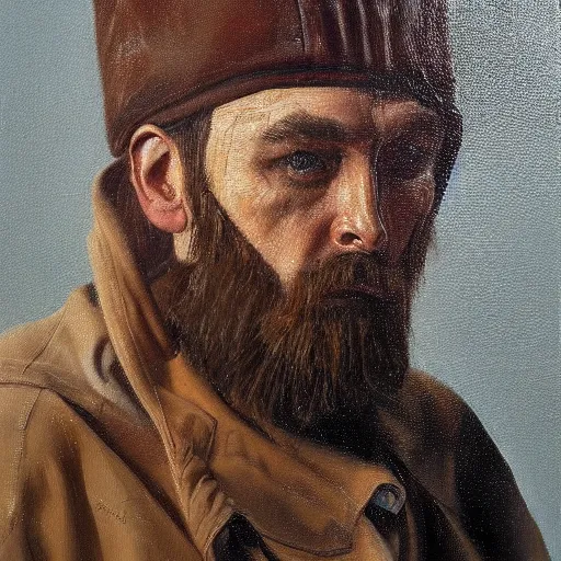 Image similar to Slavic man with the head of a dog, oil painting, hyperrealism, beautiful, high resolution, trending on artstation,