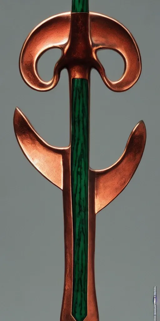 Image similar to a curved sword in the style of zdzisław beksinski, elegant, copper and emerald inlay, brilliant