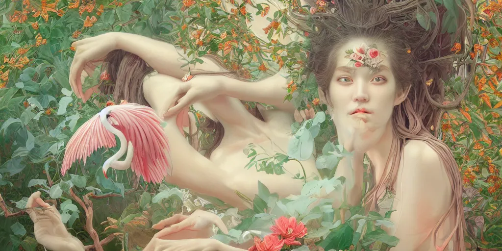 Prompt: breathtaking detailed concept art painting of the goddess of flamingo, orthodox saint, with anxious, piercing eyes, ornate background, epic composition, amalgamation of leaves and flowers, by Hsiao-Ron Cheng and John James Audubon and Miho Hirano, extremely moody lighting, trending on artstation, 8K
