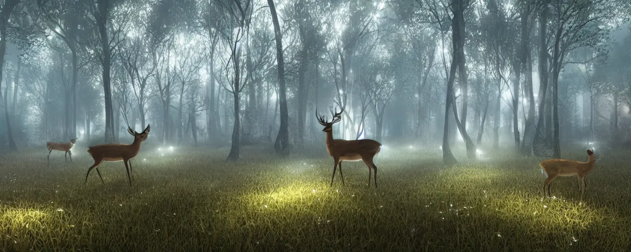 Image similar to deer in an ethereal forest made from glowing circuits and electronics, highly detailed concept art, 3 d, volumetric lighting