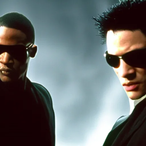 Image similar to Morpheus and Neo from The Matrix fighting the android from I, Robot, HD movie screenshot, promotional still, ultra high definition, detailed, 4k movie