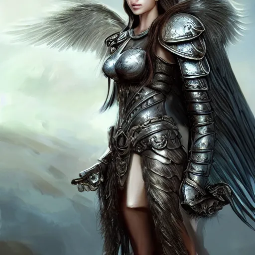 Image similar to beautiful young aasimar angel valkyrie warrior girl maiden wearing comfy leather armor with beautiful feathered angel wings, blue eyes, beautiful face, Alessandra Ambrosio, Natalie Portman, Emily Ratajkowski, innocent, intricate, elegant, highly detailed, ultradetailed, hyperdetailed, artstation, concept art, smooth, sharp focus, illustration, by Mark Arian and Dorothy Lathrop and Steve Henderson