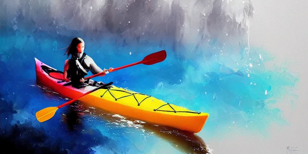 Prompt: blue kayak kayaking splash art graphic design color splash high contrasting art, fantasy, highly detailed, art by greg rutkowski