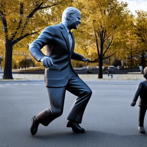 Image similar to a statue of joe biden chasing a child, octane render, 3 d render, 4 k, hyper realistic, super detailed.