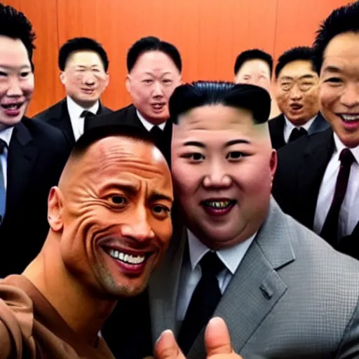 Image similar to dwayne johnson and kim jong - un, selfie, phone photo,