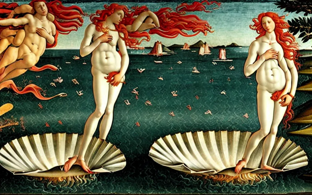 Image similar to sandro botticelli. very soft, delicate light. birth of venus raving.
