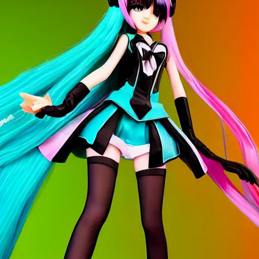 Image similar to Hatsune Miku full body pin up modeling a vocaloid idol unioform,with a park in the back ground,post war style,detailed face