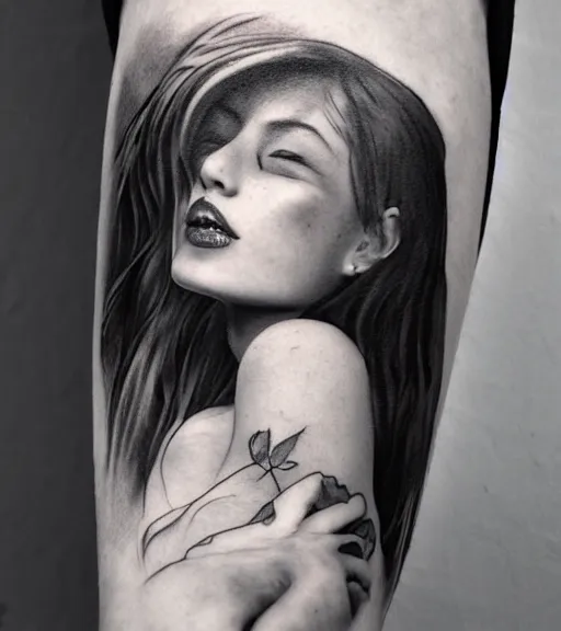 Image similar to a beautiful girl portrait, faded mountain background, realism tattoo, in the style of den yakovlev, black and white, hyper realistic, highly detailed