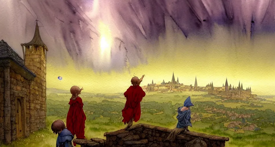 Image similar to a hyperrealist watercolor concept art of an elegant golden ufo in the sky above a small medieval town during a thunderstorm. one dirty medieval peasant child is in the foreground pointing up at the sky. very muted colors, by rebecca guay, michael kaluta, charles vess. high detail, hq, wide shot, 4 k