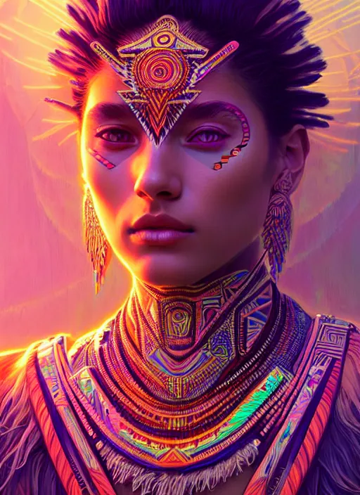 Image similar to hyper detailed ultra sharp of a beautiful tribal aztec trance girl. trending on artstation, warpaint aesthetic, earthwave, colorful, psychedelic, ornate, intricate, digital painting, concept art, smooth, sharp focus, illustration, art by artgerm and greg rutkowski and alphonse mucha, 8 k