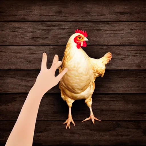 Prompt: Chicken with human hands realistic photo