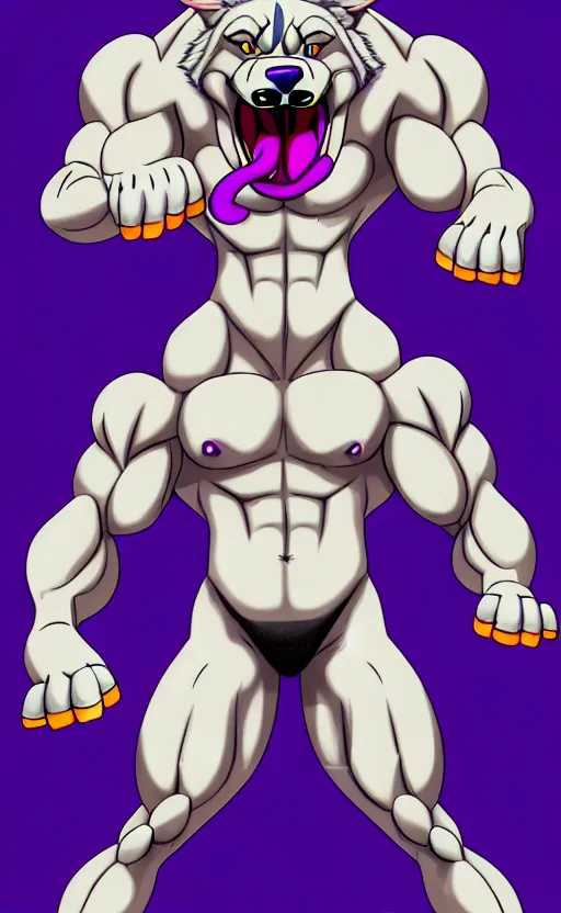 Prompt: painting of an anthropomorphic bulky muscular purple dog, furry style, wearing jeans, deviant art, fursona, professional furry drawing, insanely detailed, bulky husky dragon like face, doing a pose from jojo's bizarre adventure, detailed veiny muscles, exaggerated features, beautiful shading, huge white teeth, grinning, colorful background