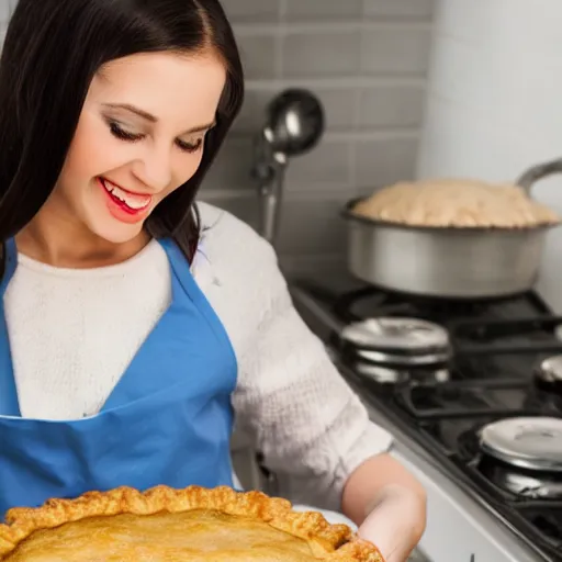 Prompt: young female black hair bright big blue eyes and a huge smile baking blue berry pie in a small kitchen, 8k, ultra detailed, scene