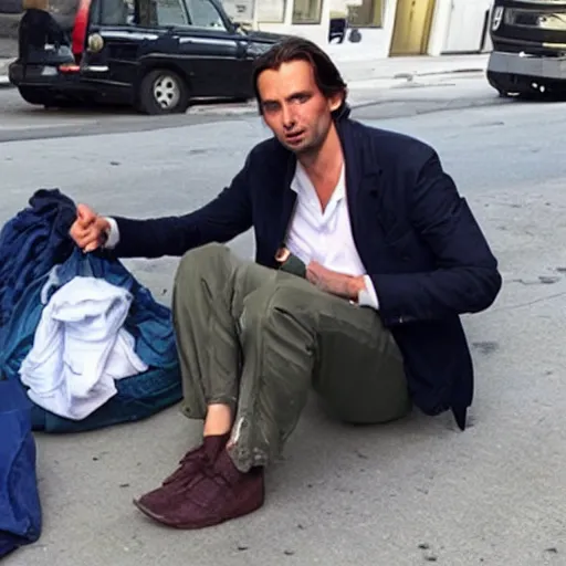 Image similar to thierry baudet begging in la, homeless, dirty clothes