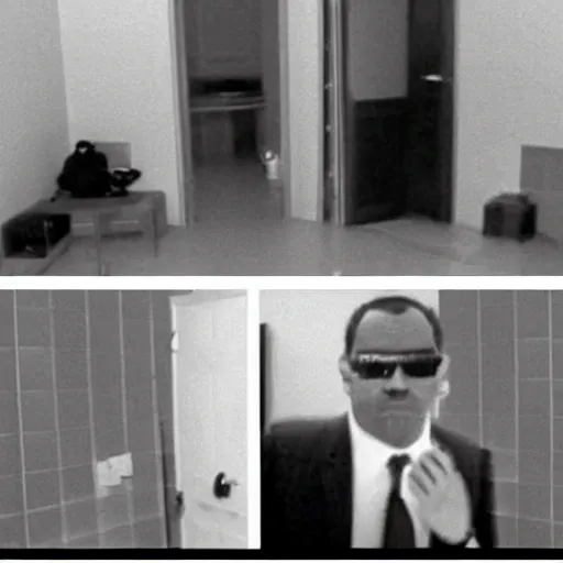 Image similar to An MIB caught on camera spying on a family, home CCTV footage, detailed, ominous, black and white