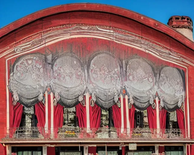 Image similar to photo of an outdoor mural of an opera house from the early 1 9 0 0 s in the style of art nouveau, red curtains, art nouveau design elements, art nouveau ornament, opera house architectural elements, painted on a brick wall, outdoor mural, mucha, masonic symbols, masonic lodge