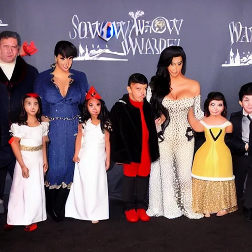 Prompt: Kim kardashian as snow White beside the dwarfs, full body, full shot