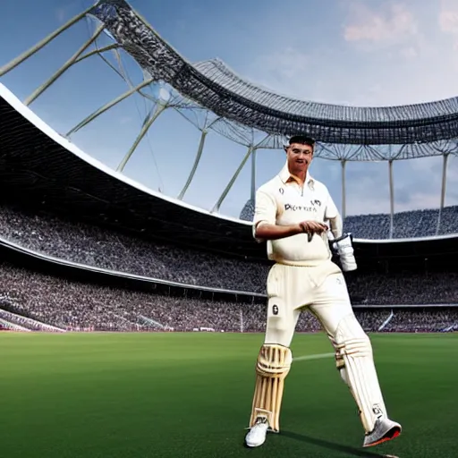 Prompt: ronaldo, playing cricket, large stadium, early morning, high - res, cyberpunk aesthetic