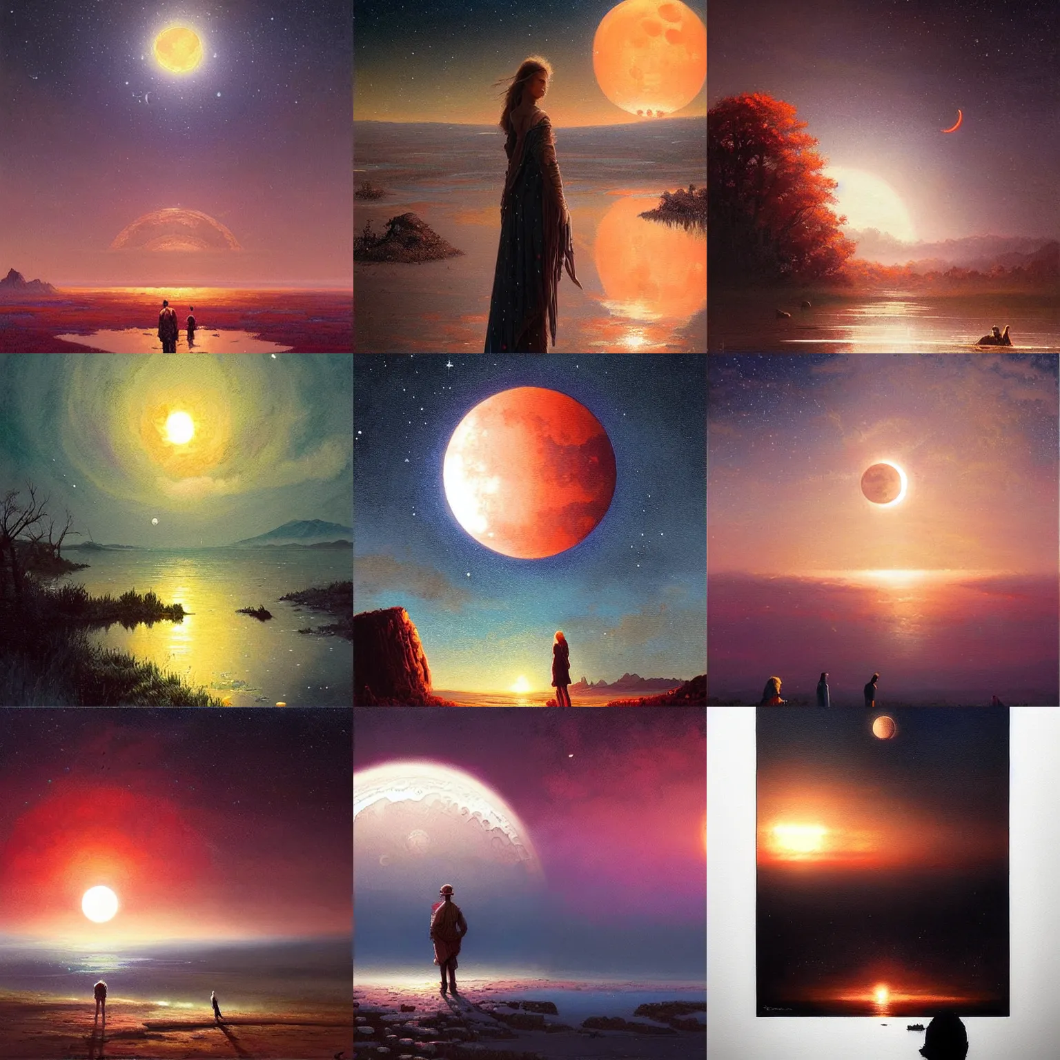 Prompt: beautiful painting of a lunar eclipse, sunset, starry-night!!!!!!!!!!!!!!!!!!!!, Greg Rutkowski, Moebius, Mohrbacher, peaceful, colorful