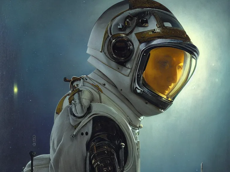 Image similar to a detailed profile oil painting of an explorer in a spacesuit with reflective helmet, flight suit, portrait symmetrical and science fiction theme with aurora lighting by beksinski carl spitzweg and tuomas korpi. baroque elements, full-length view. baroque element. intricate artwork by caravaggio. Trending on artstation. 8k