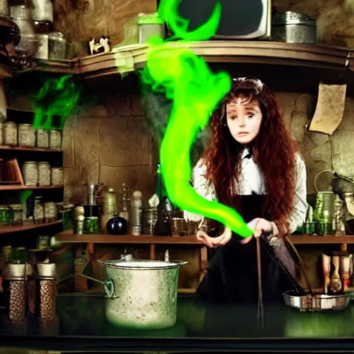 Image similar to teen witch mixing a spell in a cauldron, wispy smoke, studio photography, a black cat, green glowing smoke is coming out of the cauldron, ingredients on the table, apothecary shelves in the background, still from the tv show