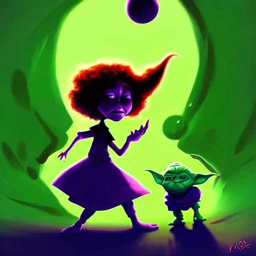 Image similar to curled perspective digital art of curly brown hair girl playing ball with yoda by anton fadeev from nightmare before christmas