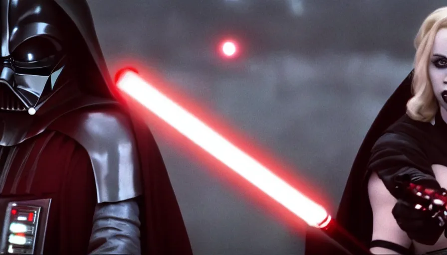 Image similar to cinematic shot of darth vader fighting harley quinn with a lightsaber, movie sequence from the original star wars