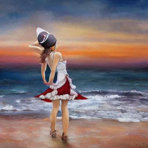 Prompt: dancing brunette milk maid woman wearing a pirate hat shore seascape in the style of Krenz Cushart