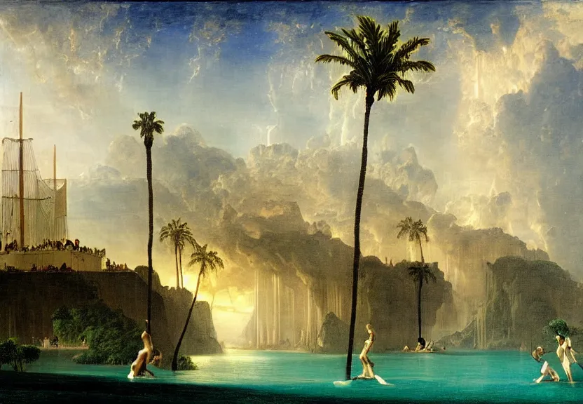 Image similar to Palace floating in heaven, 1km tall, thunderstorm, greek pool, beach and palm trees on the background major arcana sky, by paul delaroche, hyperrealistic 4k uhd, award-winning very detailed, heaven paradise